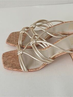 NEW Paige Vivian Metallic Gold Strappy Leather Cork Block Heel Slides, Sz 7